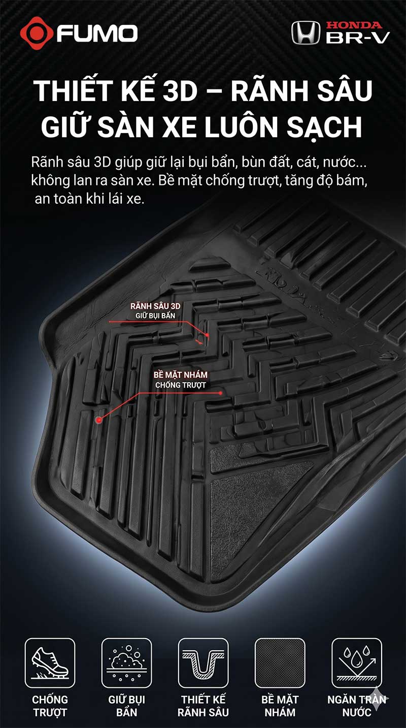 thảm lót sàn ô tô TPE Honda BRV thiết kế 3d rãnh sâu