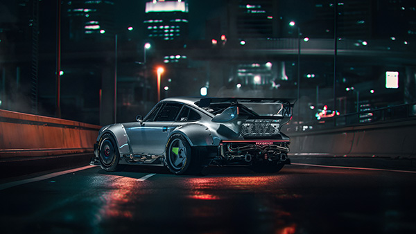 Hình nền xe Porsche 4K cảnh đêm tối và đèn đường