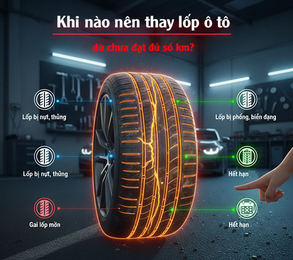 khi nào nên thay lốp ô tô dù chưa đạt đủ số Km