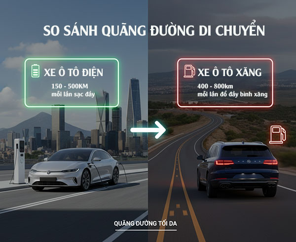 so sánh quãng đường xe ô tô điện và xe xăng