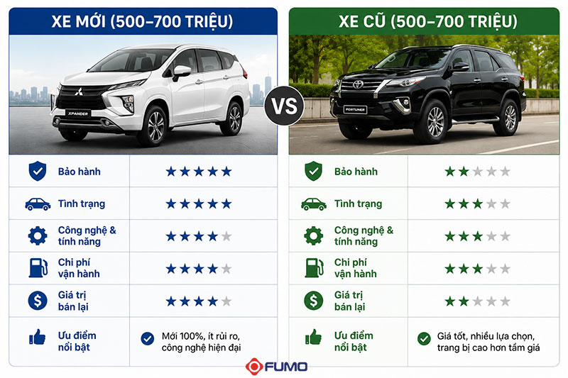 Bảng so sánh xe mới và xe cũ giá 500 triệu đến 700 triệu