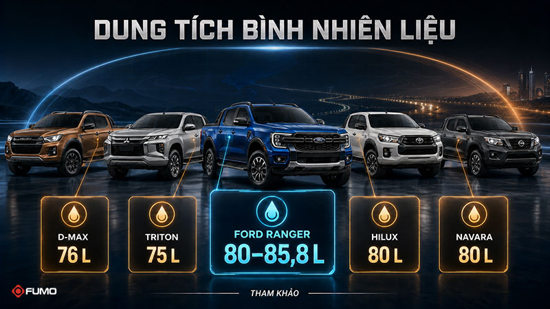 So sánh dung tích bình dầu Ford Ranger với các xe bán tải khác